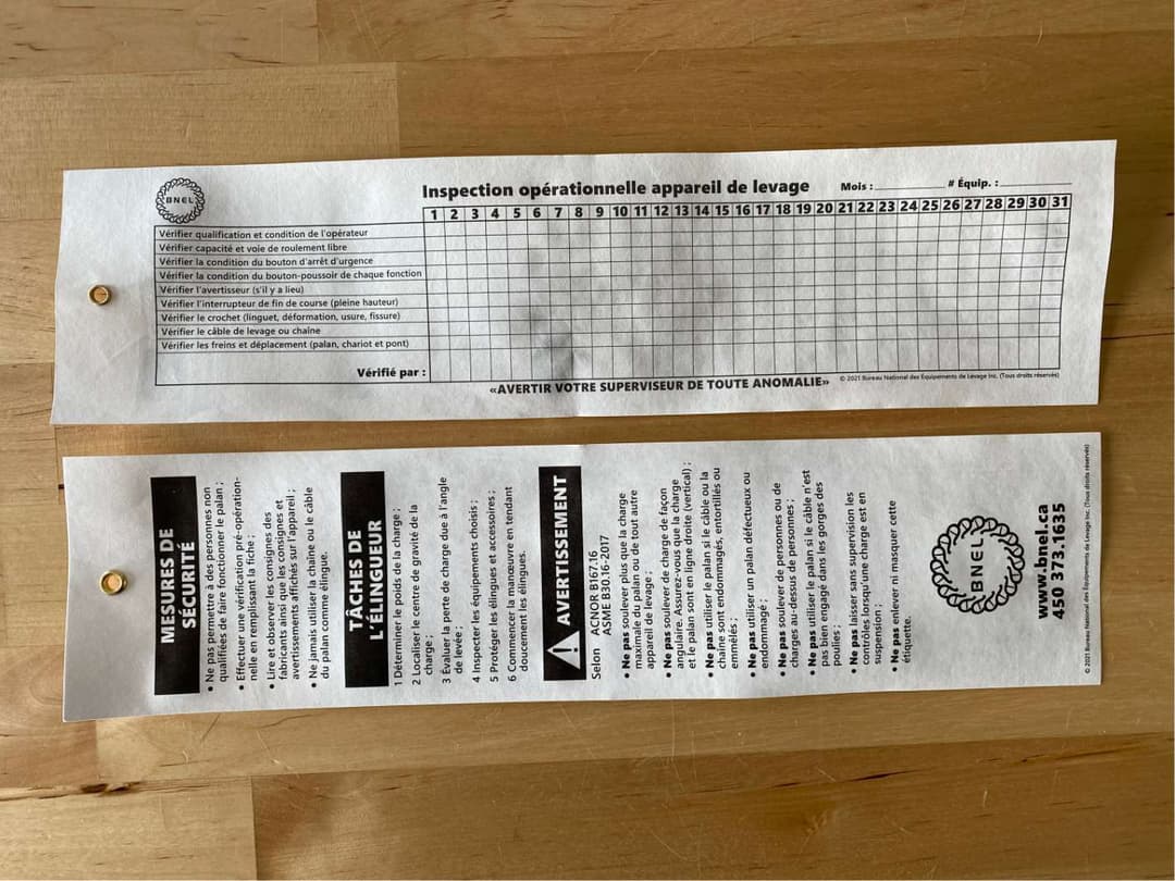 Étiquette inspection opérationnelle en appareil de levage